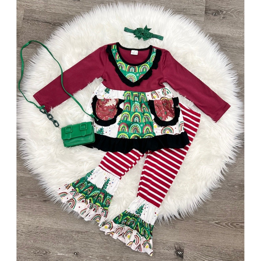 Boutique Girls Holiday Rainbow Ruffles 2pc Outfit 6/7 NEW